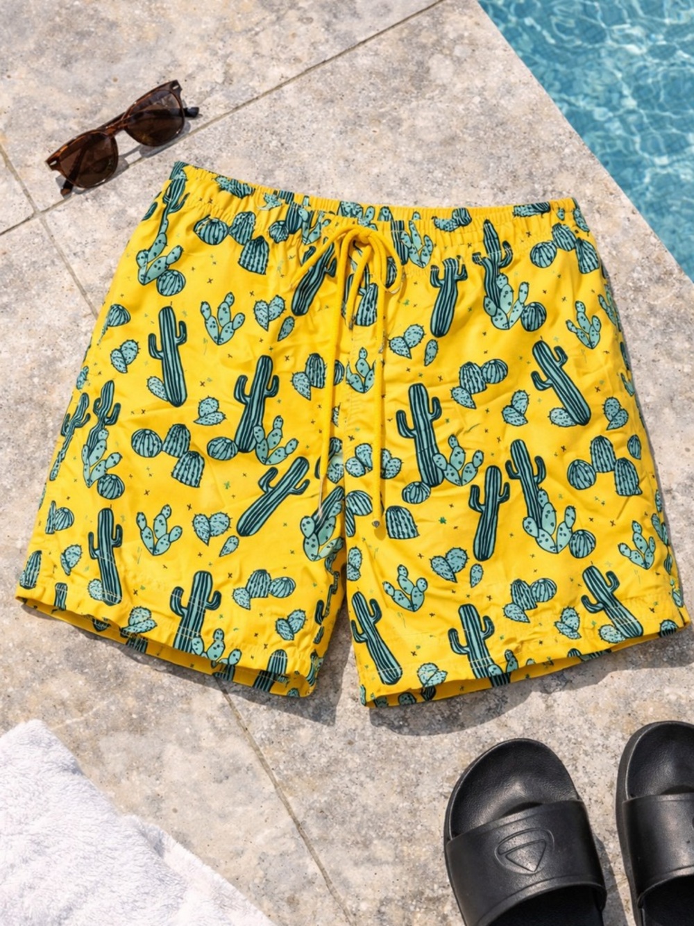 George Men's Yellow Swim Trunks with Green Cactus Print